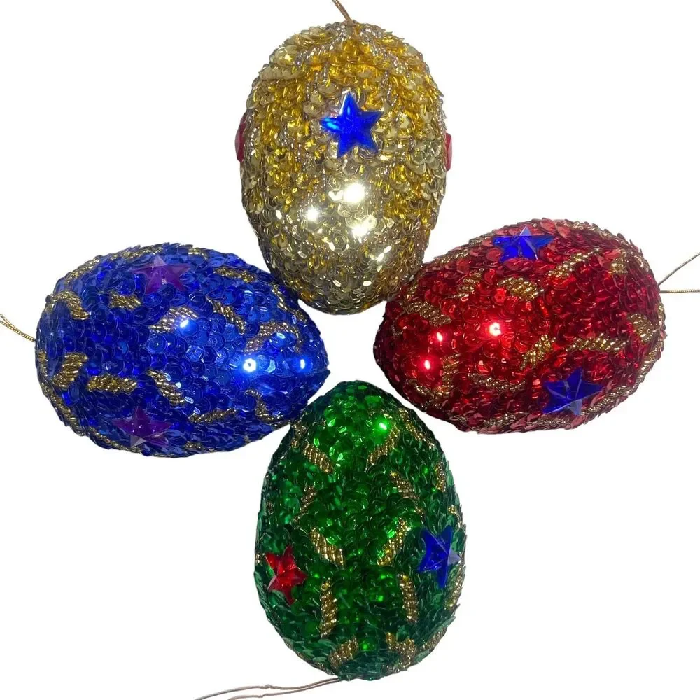 8 Christmas Tree Ornaments Pine Cone Handmade Sequins Beaded Blue Gold Red Green